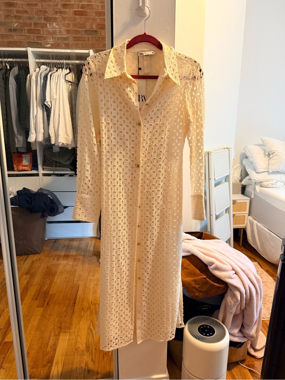 Zara Cream Crochet Long-Sleeve Button Front Dress